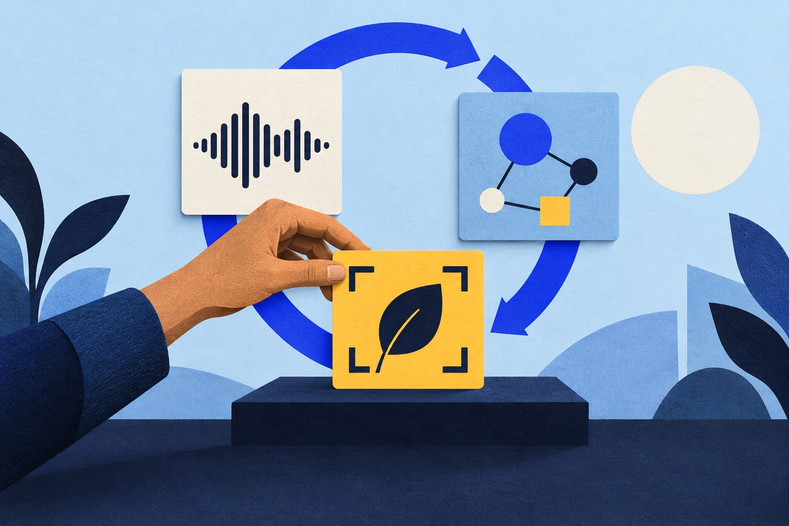 A hand arranging image, audio and data cards in a human-guided AI learning loop.