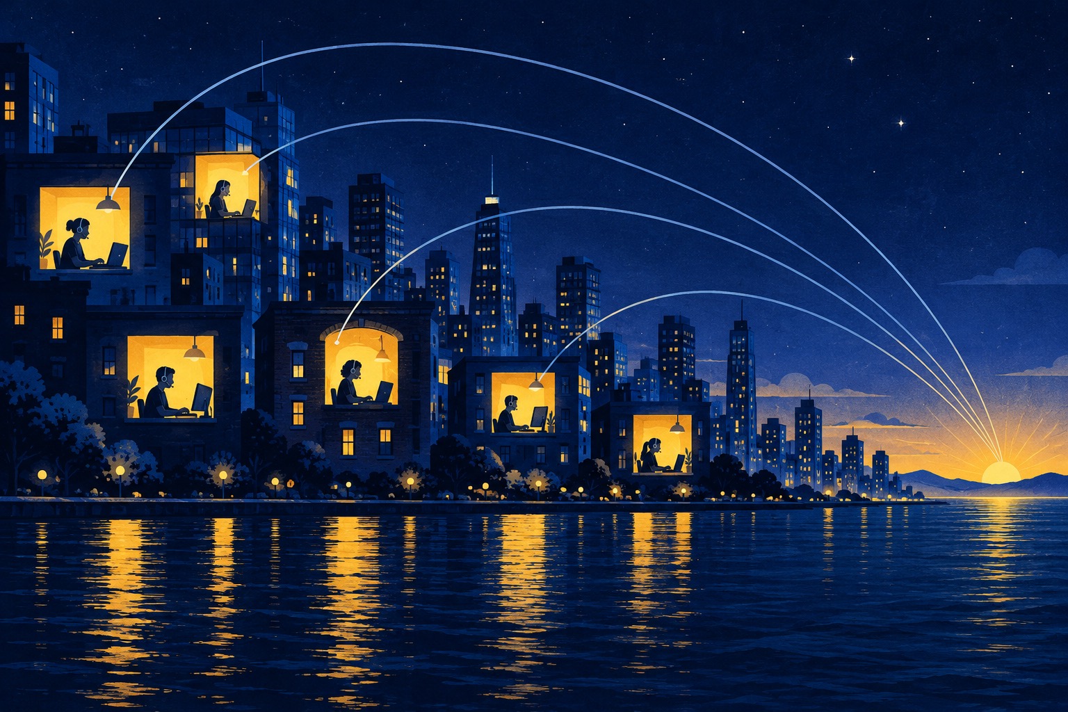 A city at night where support workers in headsets sit in lit windows, with arcs reaching toward a sunrise across the water.