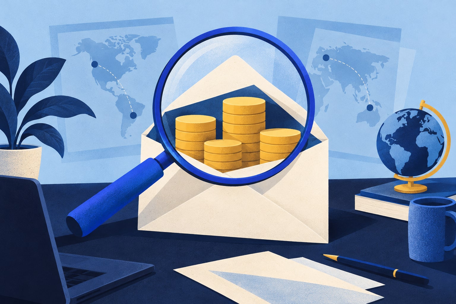 A magnifying glass revealing coins in an envelope, with world maps suggesting pay across locations.