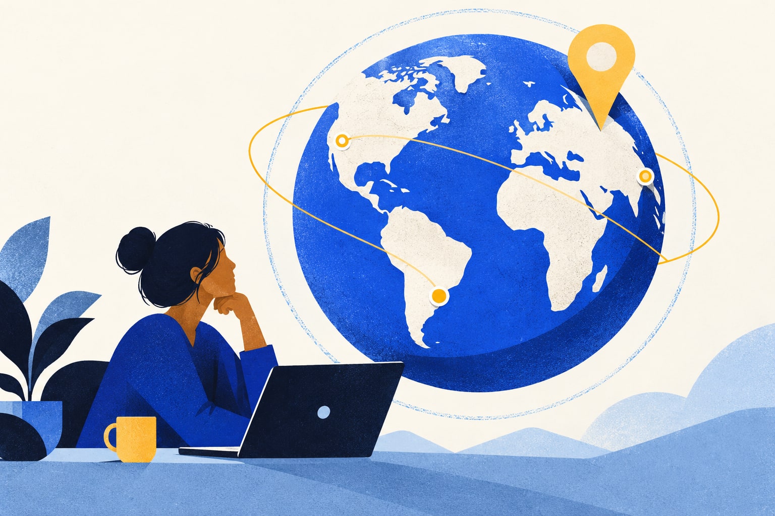 A laptop worker beside a blue globe with connected locations and a yellow location pin.